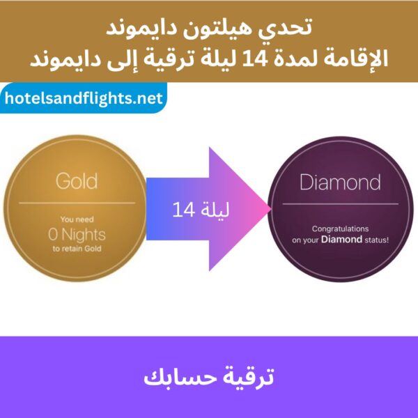 تحدي هيلتون الماسي، الحالة الذهبية لمدة 90 يومًا، إقامة 14 ليلة، الترقية إلى الفئة الماسية حتى 31/03/2026